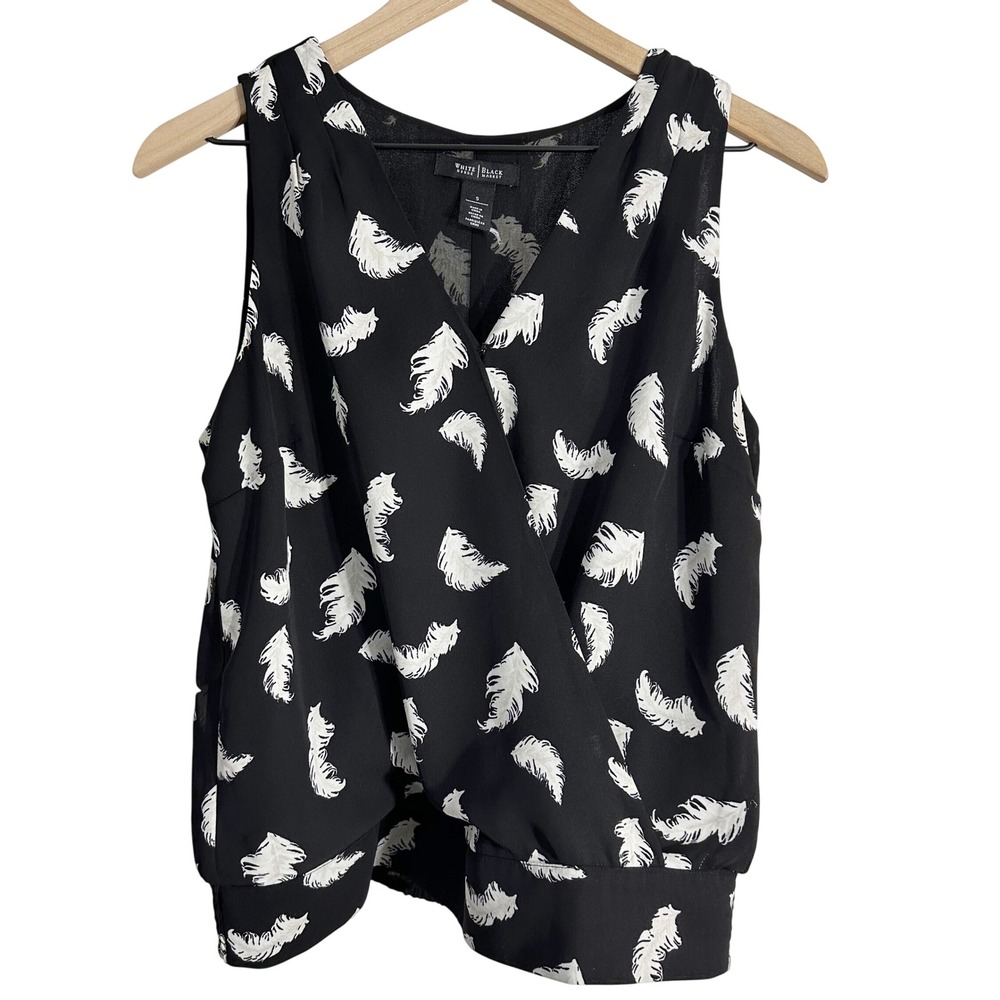 White House Black Market Feather Print Surplice‎ Tank Top Black White Small
